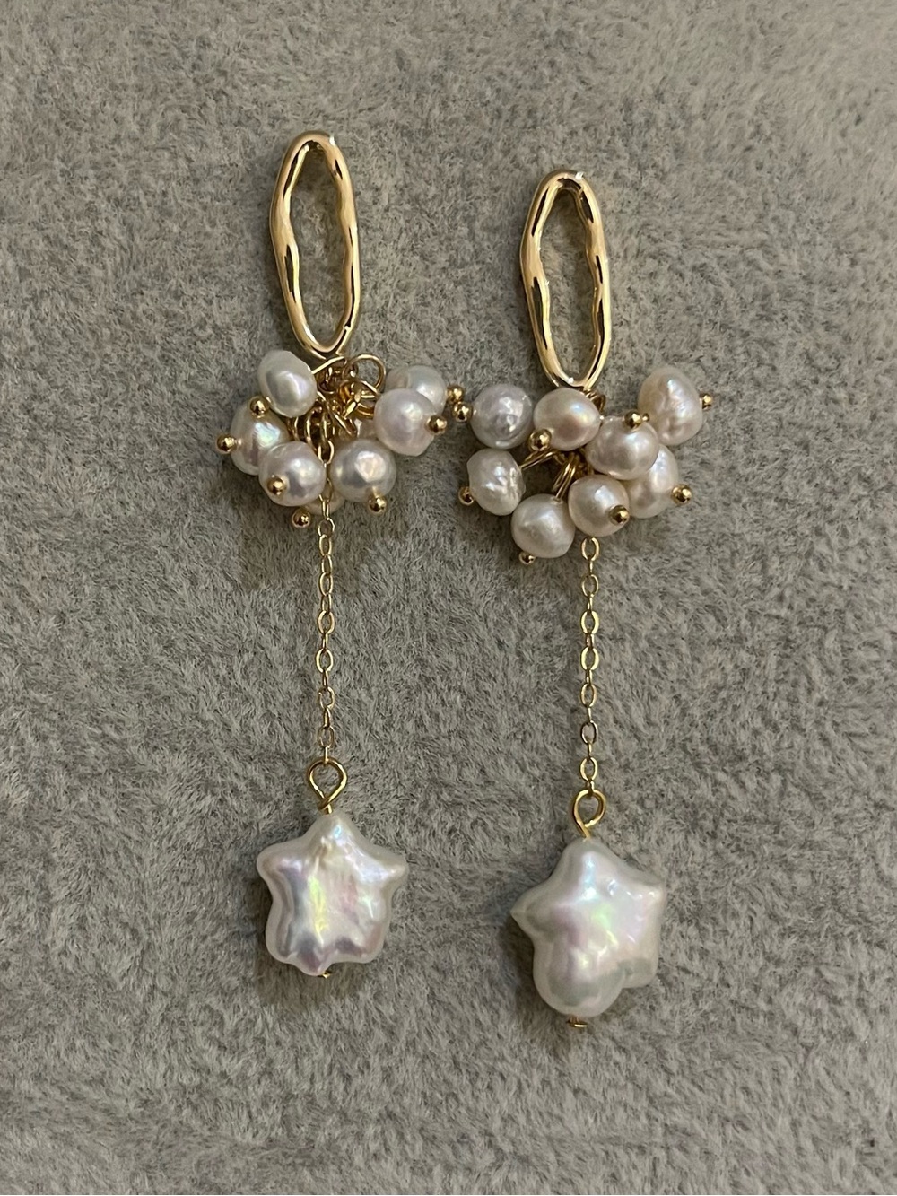 Gold Freshwater Pearl Cluster Drop Earrings with Star-Shaped Pearl Dangles 31